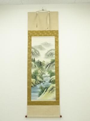 春峰筆　彩色山水　肉筆絹本掛軸